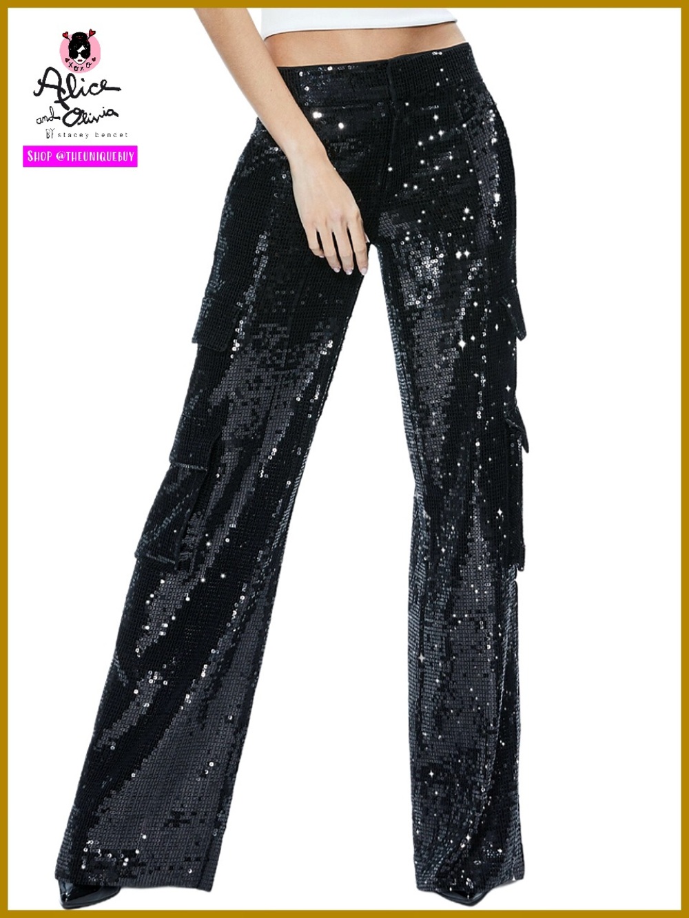 Alice + Olivia Hayes Black Sequin Cargo Pants